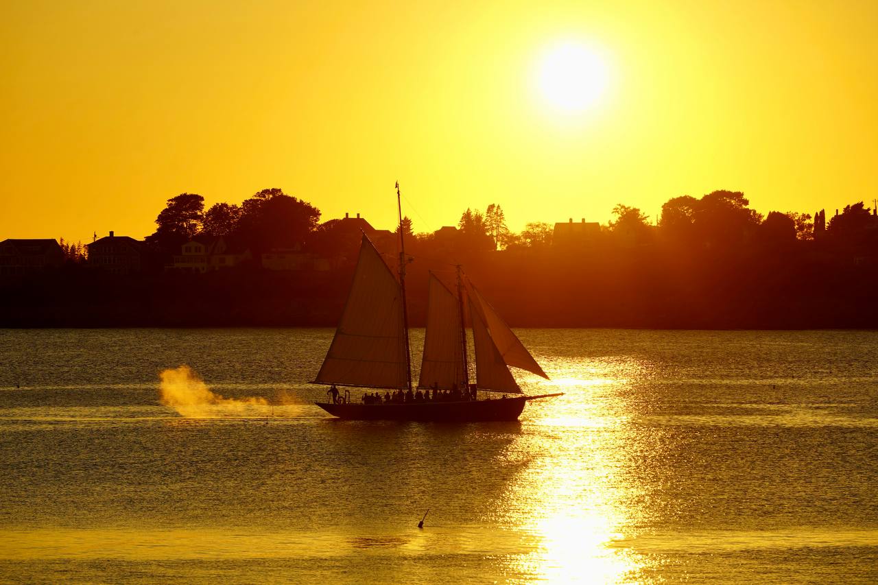 Schooner Alert sailing past at sunset